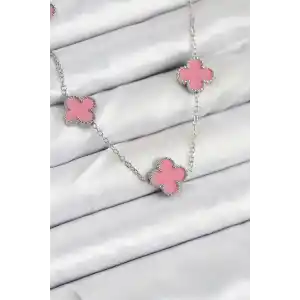 316L Çelik Zincir Gümüş Pembe Renk Yonca Kadın Kolye