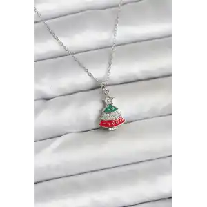 316L Çelik Zincir Gümüş Ren Çam Ağacı Model Zirkon Taşlı Yılbaşı Temalı Kadın Kolye