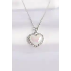 316L Çelik Zincir Gümüş Renk Beyaz Taşlı Bombeli Kalp Kolye