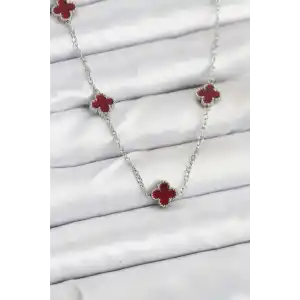 316L Çelik Zincir Gümüş Renk Bordo Baby Boy Yonca Kadın Kolye