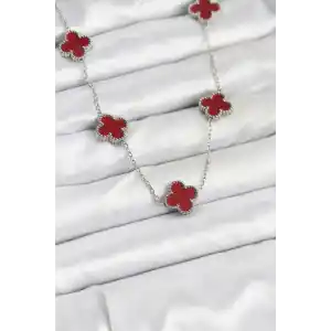 316L Çelik Zincir Gümüş Renk Bordo Renk Yonca Kadın Kolye