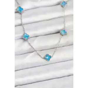 316L Çelik Zincir Gümüş Renk Buz Mavisi Baby Boy Yonca Kadın Kolye