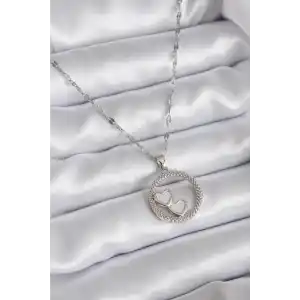 316L Çelik Zincir Gümüş Renk İşleme Detay Halka Kalp Model Kadın Kolye