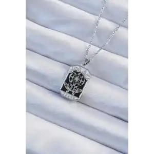 316L Çelik Zincir Gümüş Renk İşlemeli Siyah Mineli Tarot Kolye