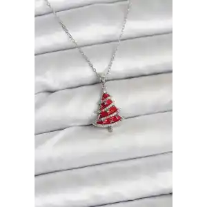 316L Çelik Zincir Gümüş Renk Kırmızı Çam Ağacı Model Yılbaşı Temalı Kadın Kolye