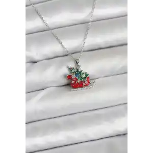 316L Çelik Zincir Gümüş Renk Kızak ve Çam Ağacı Figürlü Yılbaşı Temalı Kadın Kolye