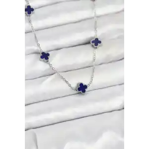 316L Çelik Zincir Gümüş Renk Lacivert Baby Boy Yonca Kadın Kolye