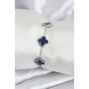 316L Çelik Zincir Gümüş Renk Lacivert Yonca Kadın Bileklik