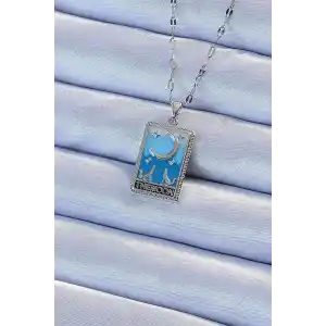 316L Çelik Zincir Gümüş Renk Mavi Mineli Ay Figür Tarot Kolye