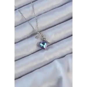 316L Çelik Zincir Gümüş Renk Mor Mavi Renk Zirkon Taşlı Kalp Detay Peri Kolye