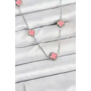 316L Çelik Zincir Gümüş Renk Pembe Baby Boy Yonca Kadın Kolye