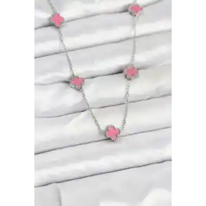 316L Çelik Zincir Gümüş Renk Pembe Baby Boy Yonca Kadın Kolye