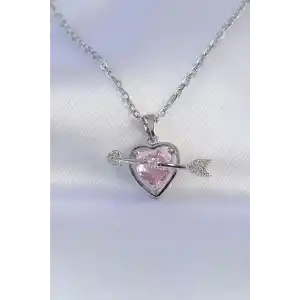 316L Çelik Zincir Gümüş Renk Pembe Zirkon Taşlı Eros Kolye