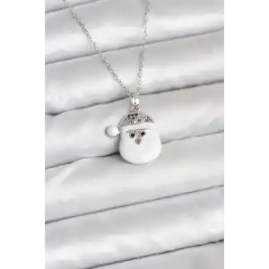 316L Çelik Zincir Gümüş Renk Şapkalı Kardan Adam Kafası Model Yılbaşı Temalı Kadın Kolye