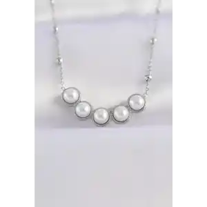 316L Çelik Zincir Gümüş Renk Sıralı İnci Taşlı Kolye