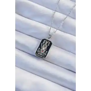 316L Çelik Zincir Gümüş Renk Siyah Mineli Tarot Kolye