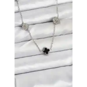 316L Çelik Zincir Gümüş Renk Siyah ve Zirkon Taşlı Baby Boy Yonca Kadın Kolye