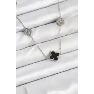 316L Çelik Zincir Gümüş Renk Siyah ve Zirkon Taşlı Yonca Kadın Kolye