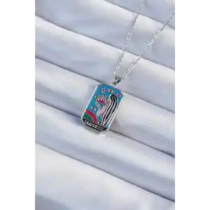 316L Çelik Zincir Gümüş Renk Taç ve Kız Figürlü Renkli Mineli Tarot Kolye