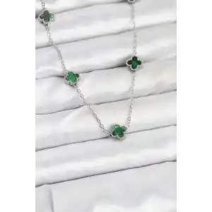 316L Çelik Zincir Gümüş Renk Yeşil Baby Boy Yonca Kadın Kolye