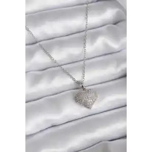 316L Çelik Zincir Gümüş Renk Zirkon Taş Detay Kalp Model Kadın Kolye