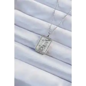 316L Çelik Zincir Gümüş Renk Zirkon Taşlı Çerçeveli Tarot Kolye