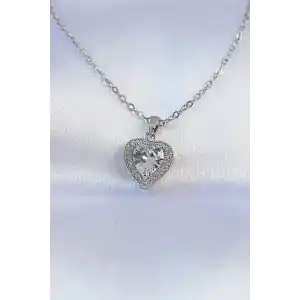 316L Çelik Zincir Gümüş Renk Zirkon Taşlı Charm Kalp Kolye
