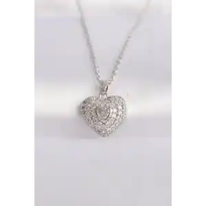 316L Çelik Zincir Gümüş Renk Zirkon Taşlı Kalp Kolye