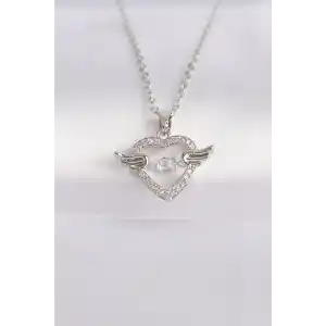 316L Çelik Zincir Gümüş Renk Zirkon Taşlı Kanatlı Kalp Kolye