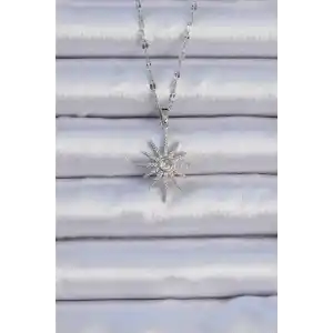316L Çelik Zincir Gümüş Renk Zirkon Taşlı Kutup Yıldızı Kolye