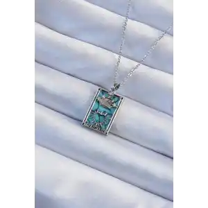 316L Çelik Zincir Gümüş Renk Zirkon Taşlı Mavi Mermer Desenli Taç Model Tarot Kolye