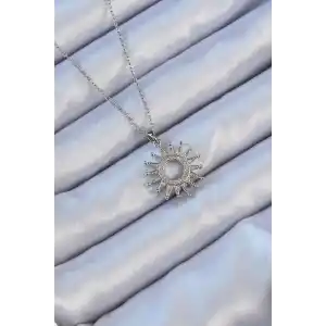 316L Çelik Zincir Gümüş Renk Zirkon Taşlı Parlayan Güneş Kolye