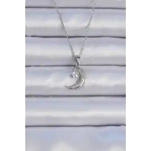 316L Çelik Zincir Gümüş Renk Zirkon Taşlı Sallantılı Ay Yıldız Kolye