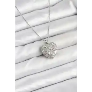316L Çelik Zincir Gümüş Zirkon Taşlı Kalpli Kadın Kolye