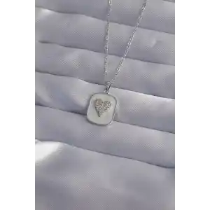 316L Çelik Zincir Mermer Desenli Gümüş Renk Zirkon Taşlı Kalp Model Kolye
