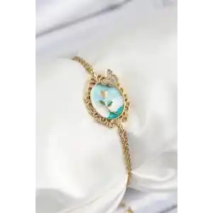 316L Çelik Zincir Mineli Sanatsal Portre Zirkon Taşlı Kelebek Detaylı Çiçek Model Gold Renk Kadın Bileklik