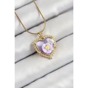 316L Çelik Zincir Mor Sanatsal Portre İnci Detaylı Papatya Figürlü Kalp Model Gold Renk Kadın Kolye