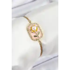 316L Çelik Zincir Pembe Mineli Sanatsal Portre İnci Detaylı Papatya Model Gold Renk Kadın Bileklik