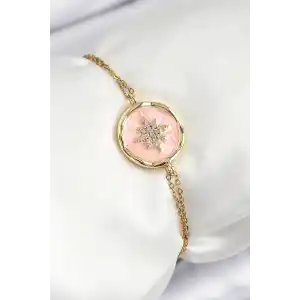 316L Çelik Zincir Pembe Mineli Sanatsal Portre Kuzey Yıldızı Model Gold Renk Kadın Bileklik