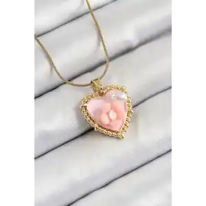 316L Çelik Zincir Pembe Sanatsal Portre İnci Detaylı Papatya Figürlü Kalp Model Gold Renk Kadın Kolye