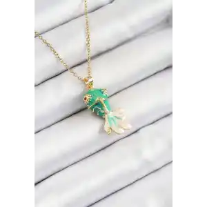 316L Çelik Zincir Yeşil Balık Model Gold Renk Kadın Kolye
