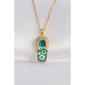 316L Çelik Zincir Zirkon Taşlı Altın Renk Nazarlı Terlik Tasarımlı Kolye