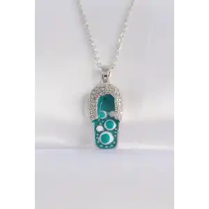 316L Çelik Zincir Zirkon Taşlı Gümüş Renk Nazarlı Terlik Tasarımlı Kolye