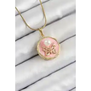 316L Çelik Zincir Zirkon Taşlı Pembe Sanatsal Portre İnci Detaylı Kelebek Model Gold Renk Kadın Kolye