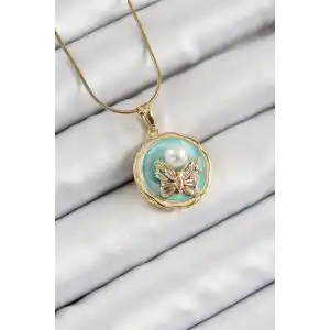 316L Çelik Zincir Zirkon Taşlı Turkuaz Sanatsal Portre İnci Detaylı Kelebek Model Gold Renk Kadın Kolye