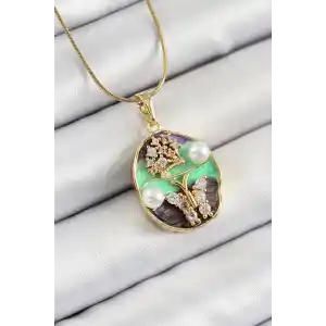 316L Çelik Zincir Zirkon Taşlı Yeşil Mor Sanatsal Portre İnci Detaylı Ağaç Ve Kelebek Figürlü Model Gold Renk Kadın Kolye