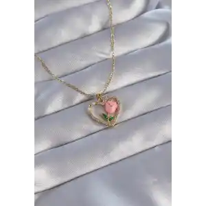 316L Çelik Zincirli Gold Renk Zirkon Taşlı Kalp İçinde Pembe Gül Tasarımlı Kolye