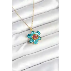 316L Çelik Zincirli Mavi Çiçek Model Kadın Kolye