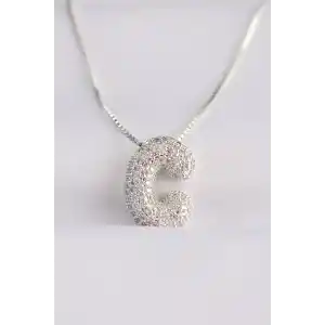316L Çelik Zincirli Zirkon Taşlı C Harfli Silver Renk Bubble Kolye