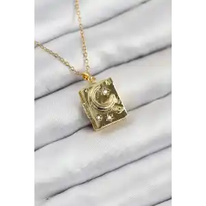316L Çelik Zirkon Taşlı Açılabilr Kapaklı Kitap Model Gold Renk Kadın Kolye